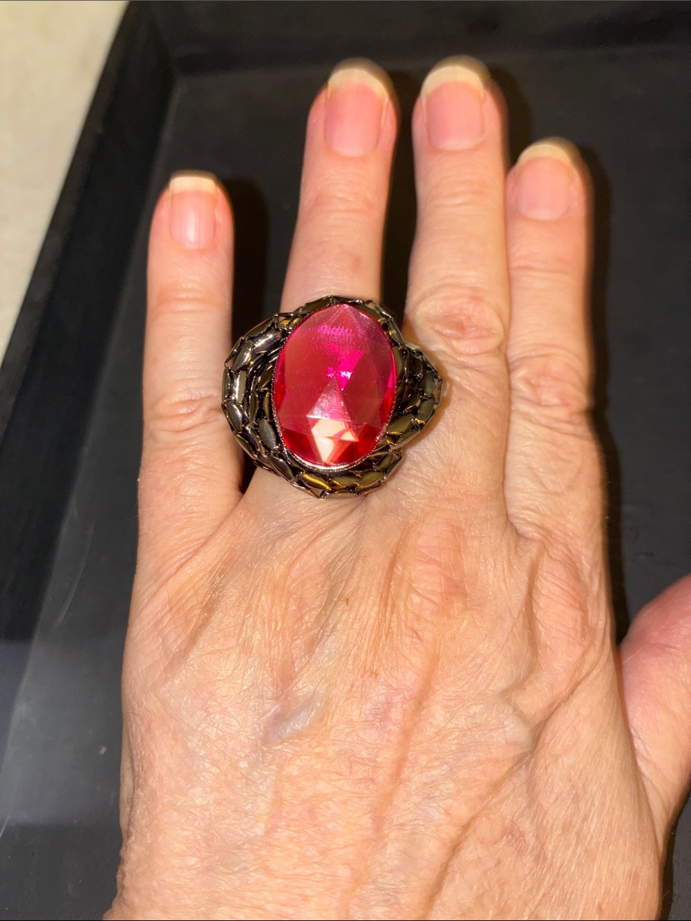 Large Faceted Red Bold Stone.Dark Metal Setting Statement Stretch Ring